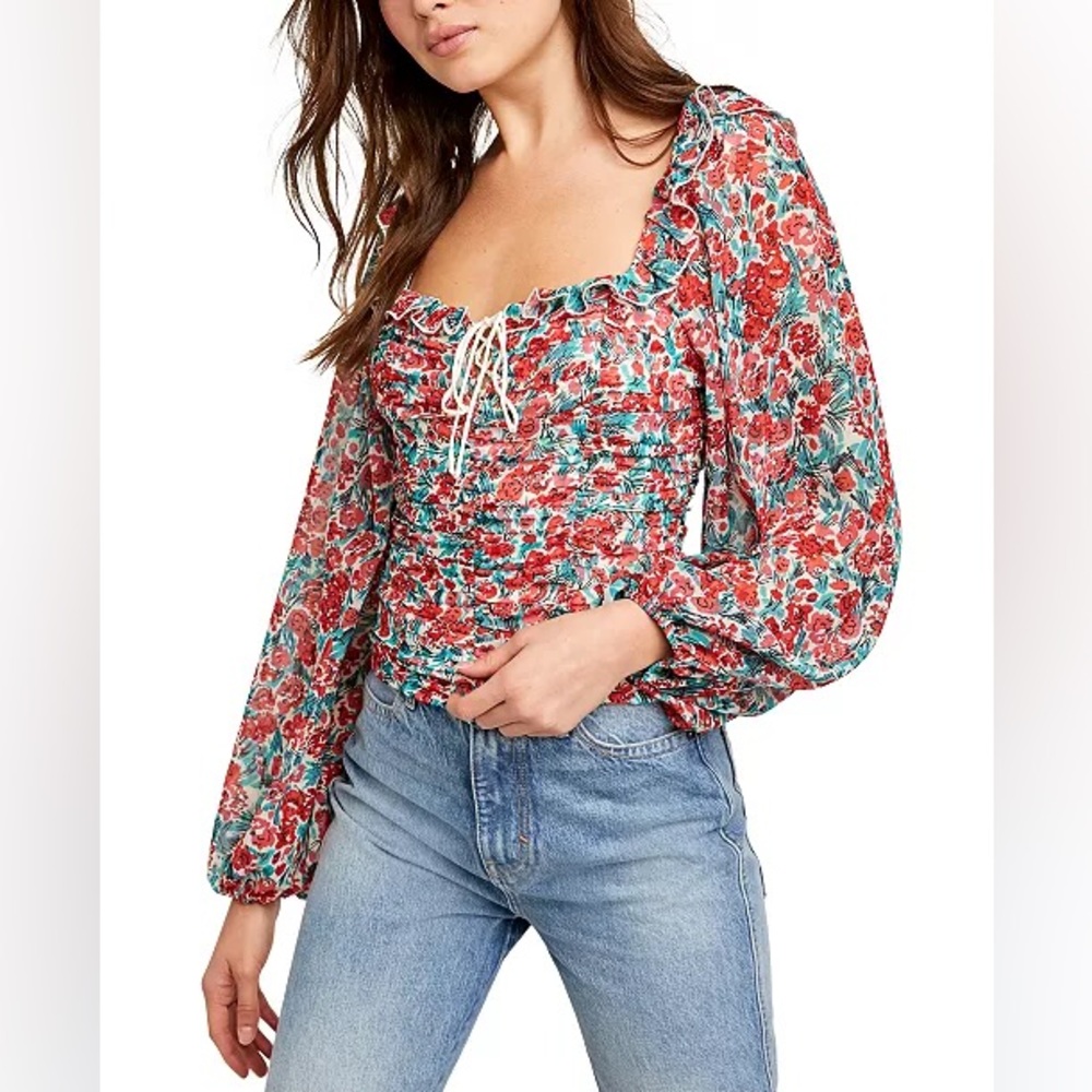 Free People XS Mabel Printed Blouse Red Floral Ruched Smocked Balloon Sleeve Top